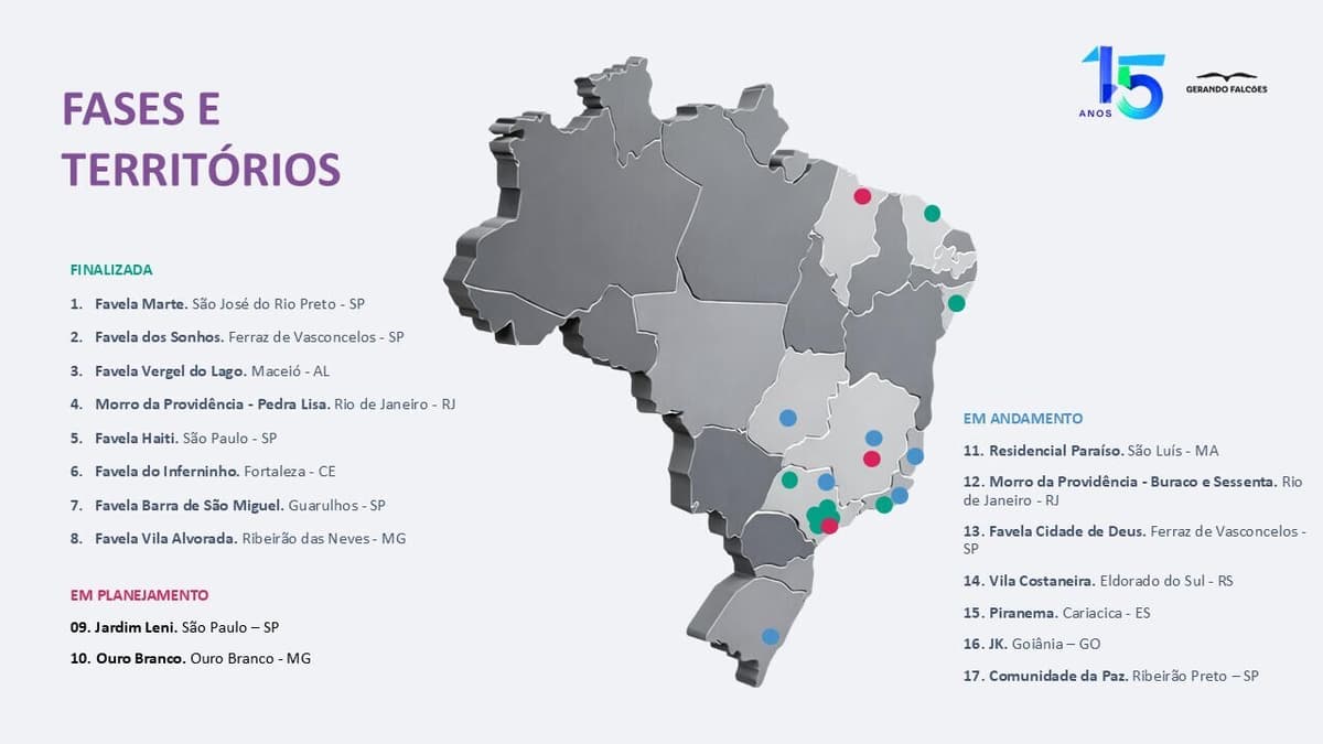 Mapa de fases e territórios Favela 3D: favelas finalizadas, em andamento e em planejamento pelo Brasil